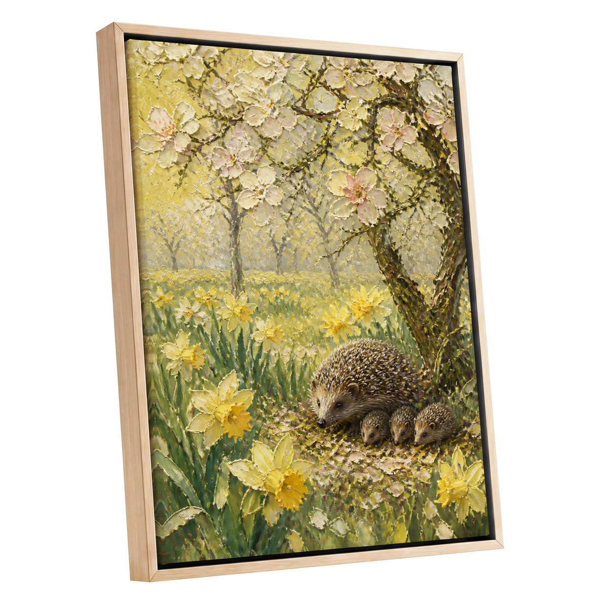 Hedgehogs in Spring, yellow, green, beige nature wall art shown as a oak framed canvas wall art