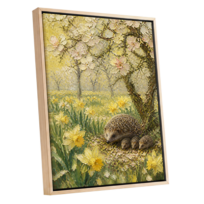 Hedgehogs in Spring, yellow, green, beige nature wall art shown as a oak framed canvas wall art