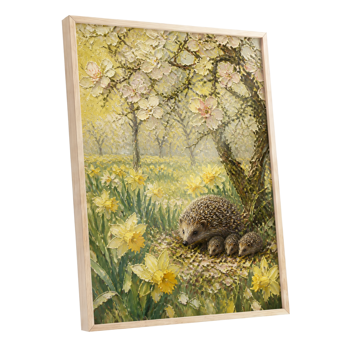 Hedgehogs in Spring, yellow, green, beige nature wall art shown as a oak framed poster wall art print