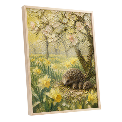 Hedgehogs in Spring, yellow, green, beige nature wall art shown as a oak framed poster wall art print