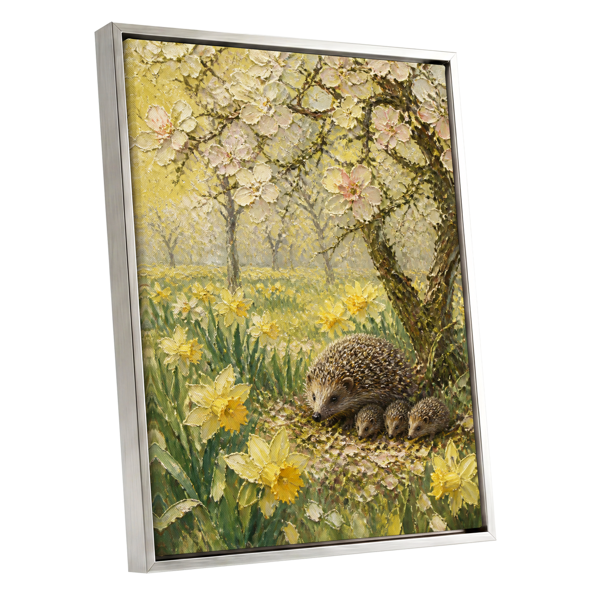 Hedgehogs in Spring, yellow, green, beige nature wall art shown as a silver framed canvas wall art