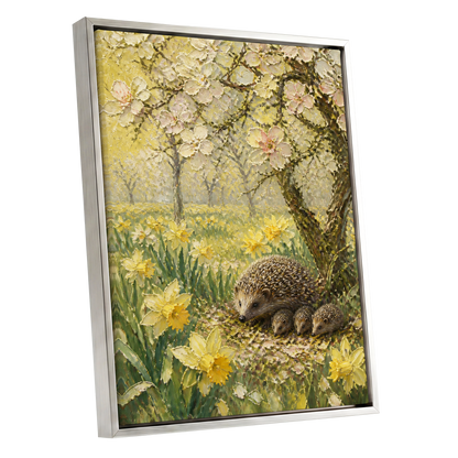 Hedgehogs in Spring, yellow, green, beige nature wall art shown as a silver framed canvas wall art