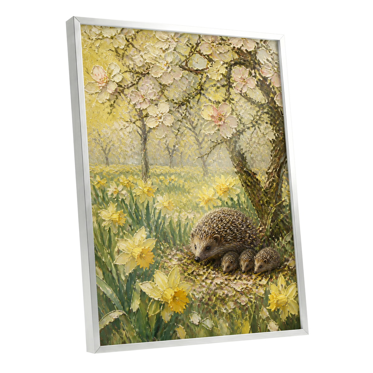 Hedgehogs in Spring, yellow, green, beige nature wall art shown as a silver framed poster wall art print