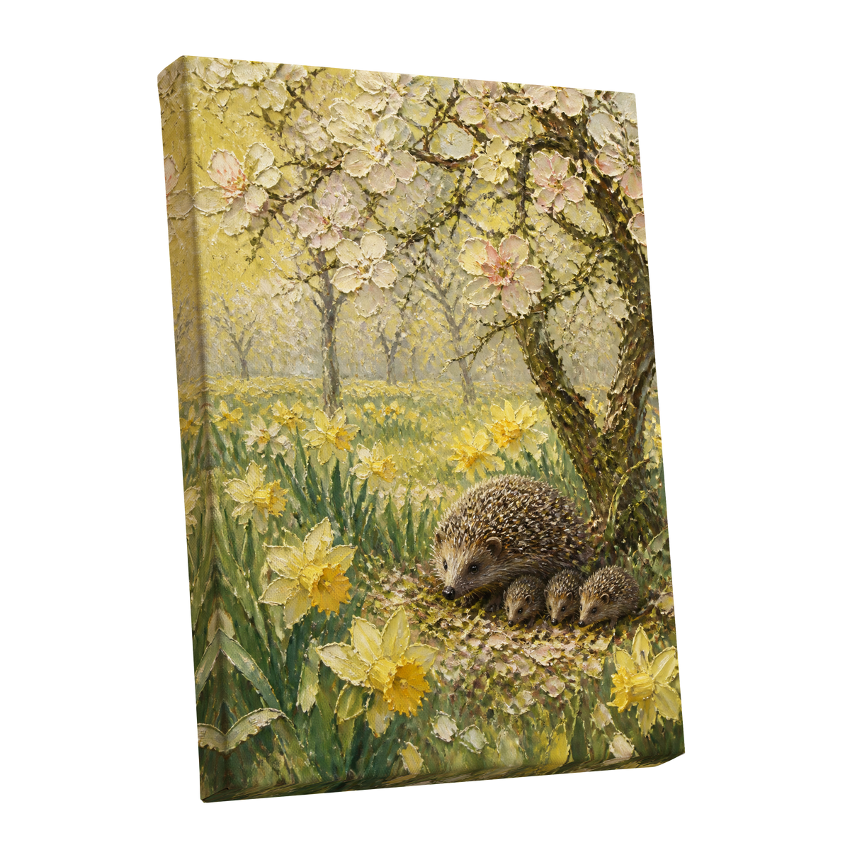 Hedgehogs in Spring, yellow, green, beige nature wall art shown as a stretched canvas wall art