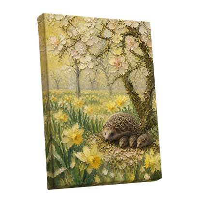 Hedgehogs in Spring, yellow, green, beige nature wall art shown as a stretched canvas wall art
