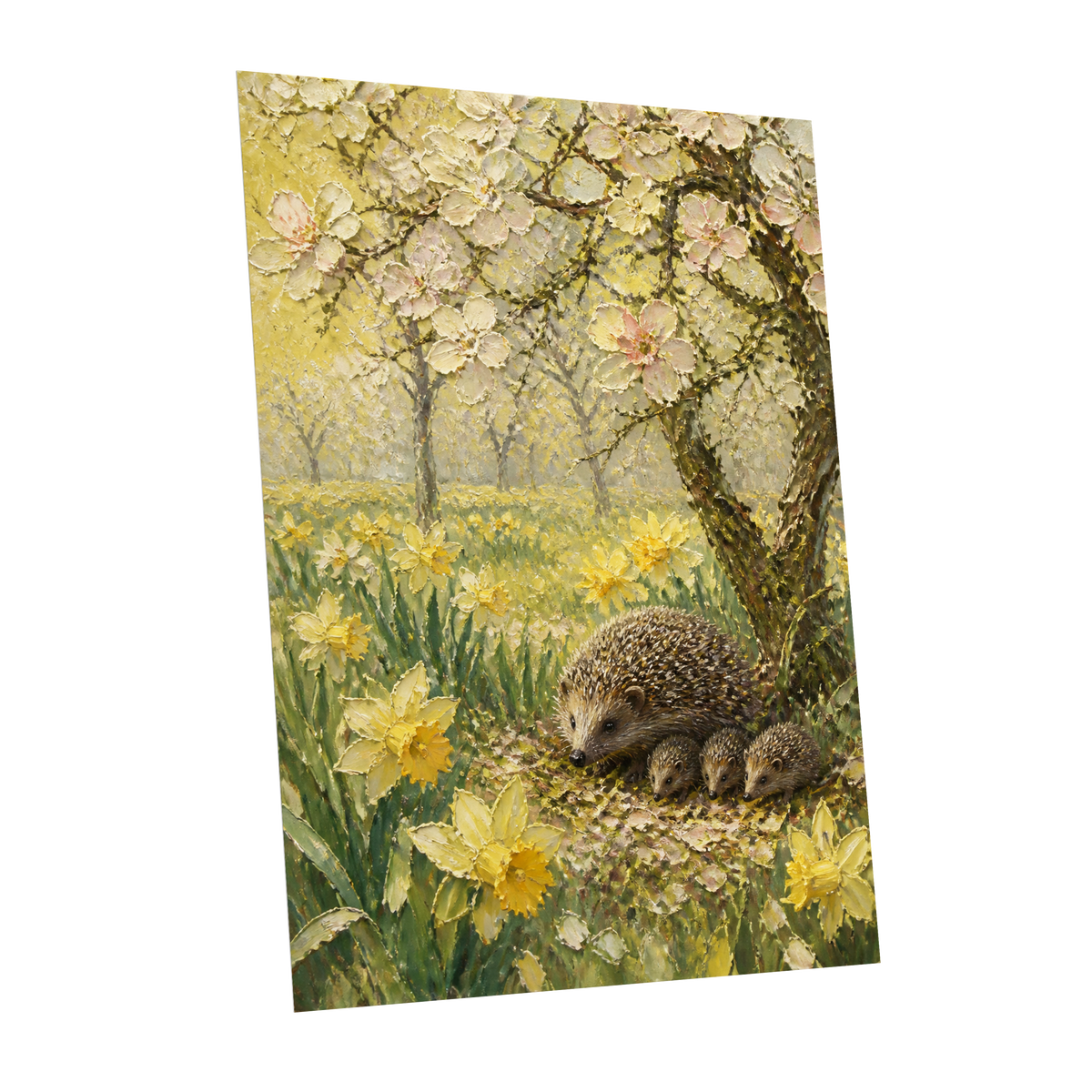 Hedgehogs in Spring, yellow, green, beige nature wall art shown as a unframed poster wall art print