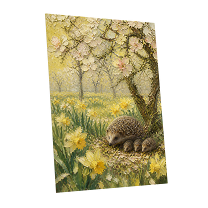 Hedgehogs in Spring, yellow, green, beige nature wall art shown as a unframed poster wall art print
