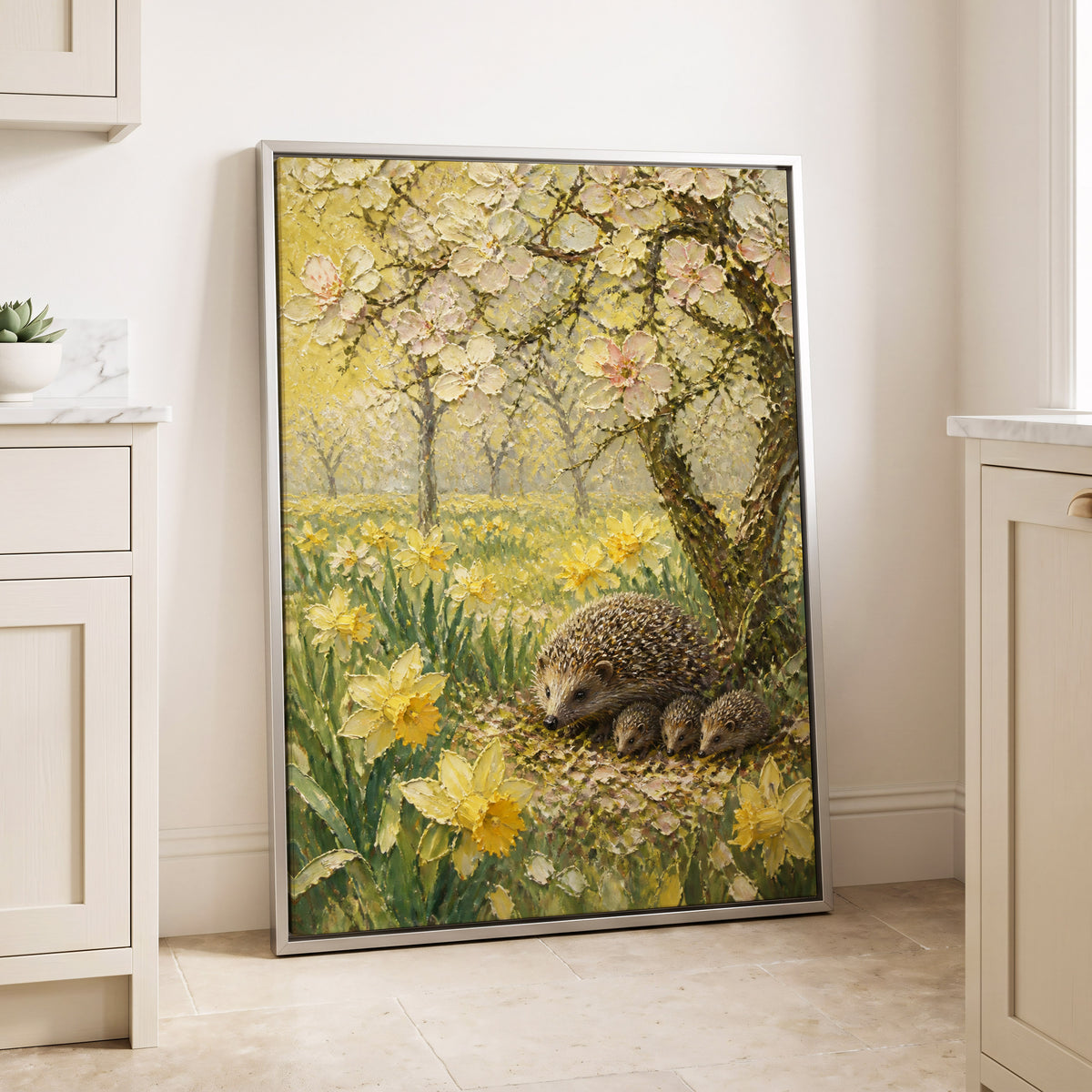 Hedgehogs in Spring, yellow, green, beige nature wall art displayed in a styled interior, gallery view 1
