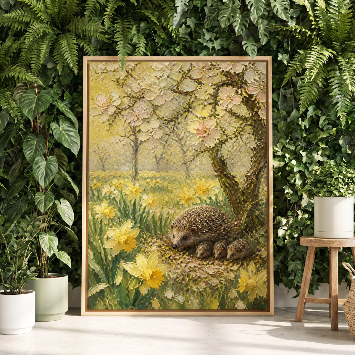 Hedgehogs in Spring, yellow, green, beige nature wall art displayed in a styled interior, gallery view 2