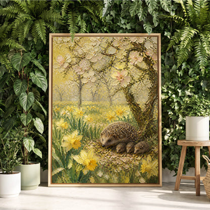 Hedgehogs in Spring, yellow, green, beige nature wall art displayed in a styled interior, gallery view 2