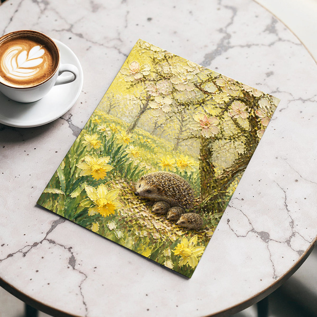 Hedgehogs in Spring, yellow, green, beige nature wall art displayed in a styled interior, gallery view 3