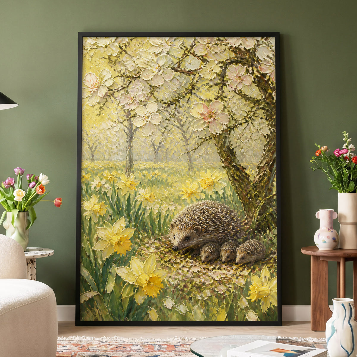 Hedgehogs in Spring, yellow, green, beige nature wall art displayed in a styled interior, gallery view 4