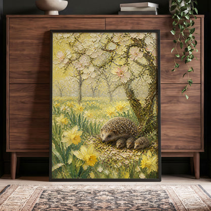 Hedgehogs in Spring, yellow, green, beige nature wall art displayed in a styled interior, gallery view 5