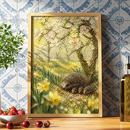 Hedgehogs in Spring, yellow, green, beige nature wall art displayed in a styled interior, gallery view 6
