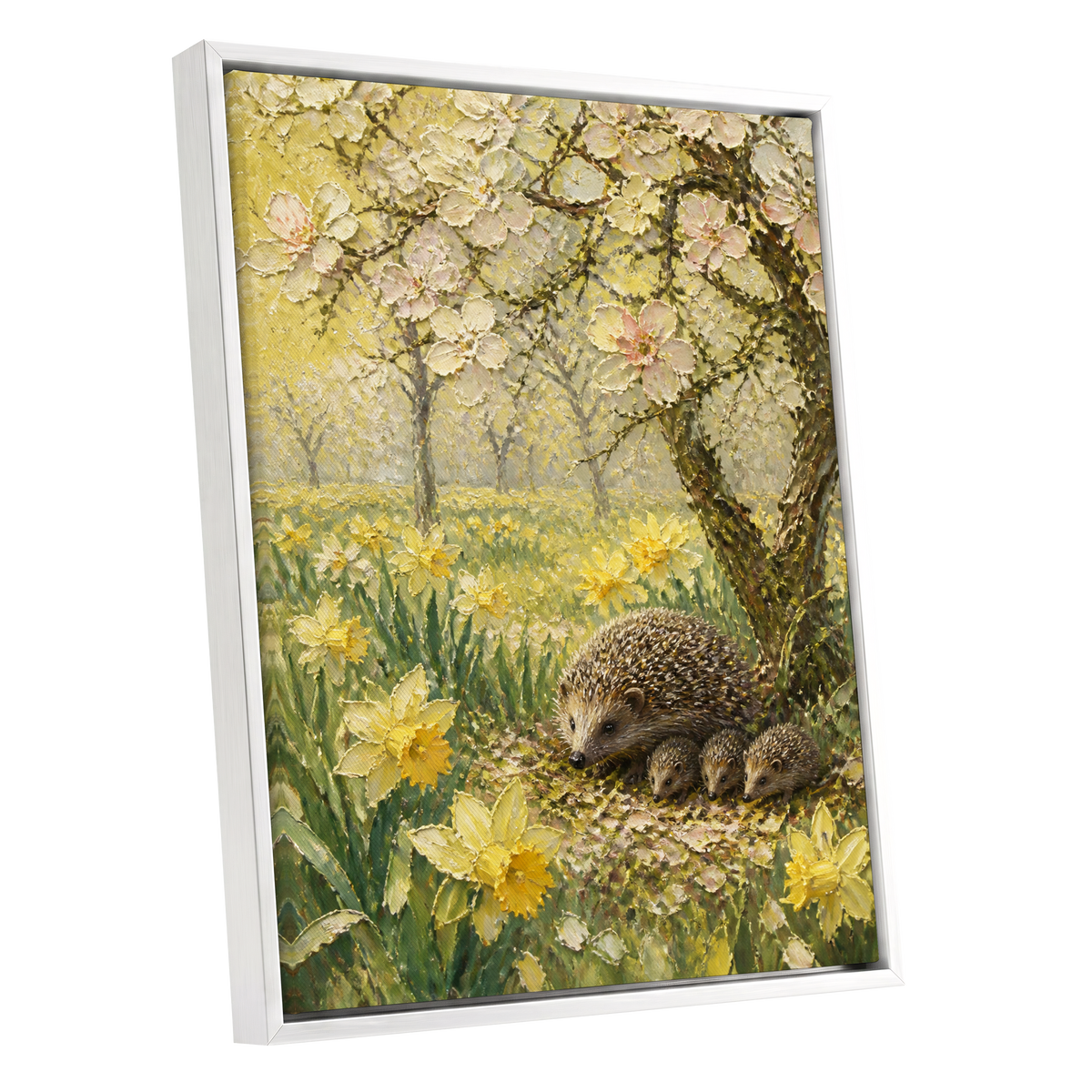 Hedgehogs in Spring, yellow, green, beige nature wall art shown as a white framed canvas wall art