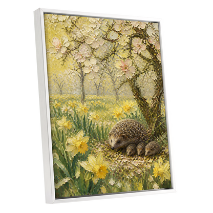 Hedgehogs in Spring, yellow, green, beige nature wall art shown as a white framed canvas wall art