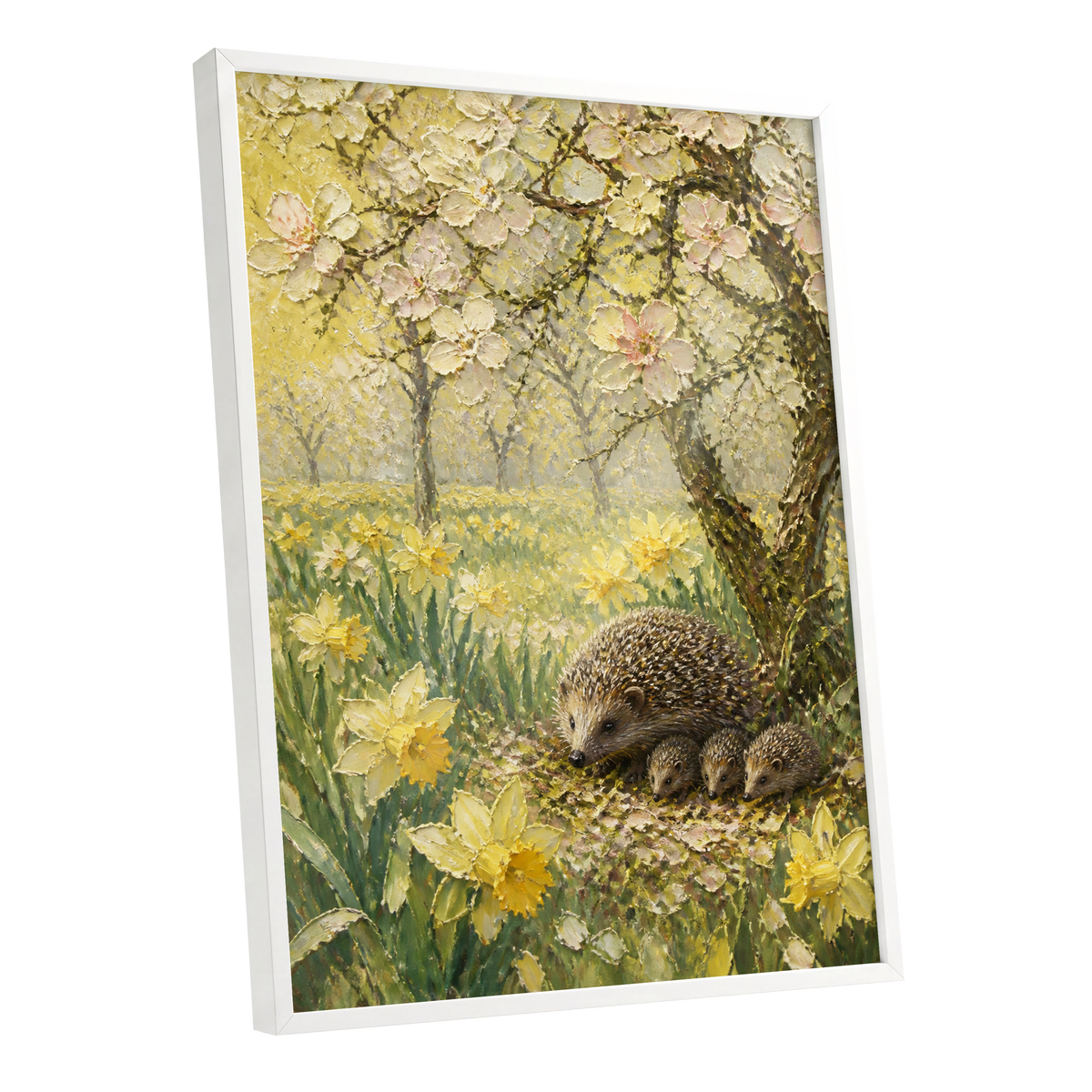 Hedgehogs in Spring, yellow, green, beige nature wall art shown as a white framed poster wall art print