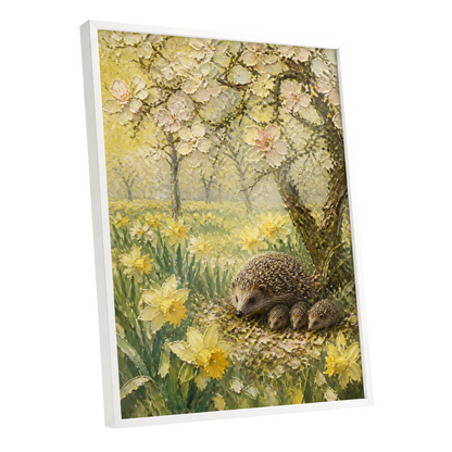 Hedgehogs in Spring, yellow, green, beige nature wall art shown as a white framed poster wall art print