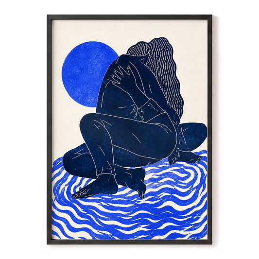 Held in Blue, blue, beige, white abstract wall art, front artwork view