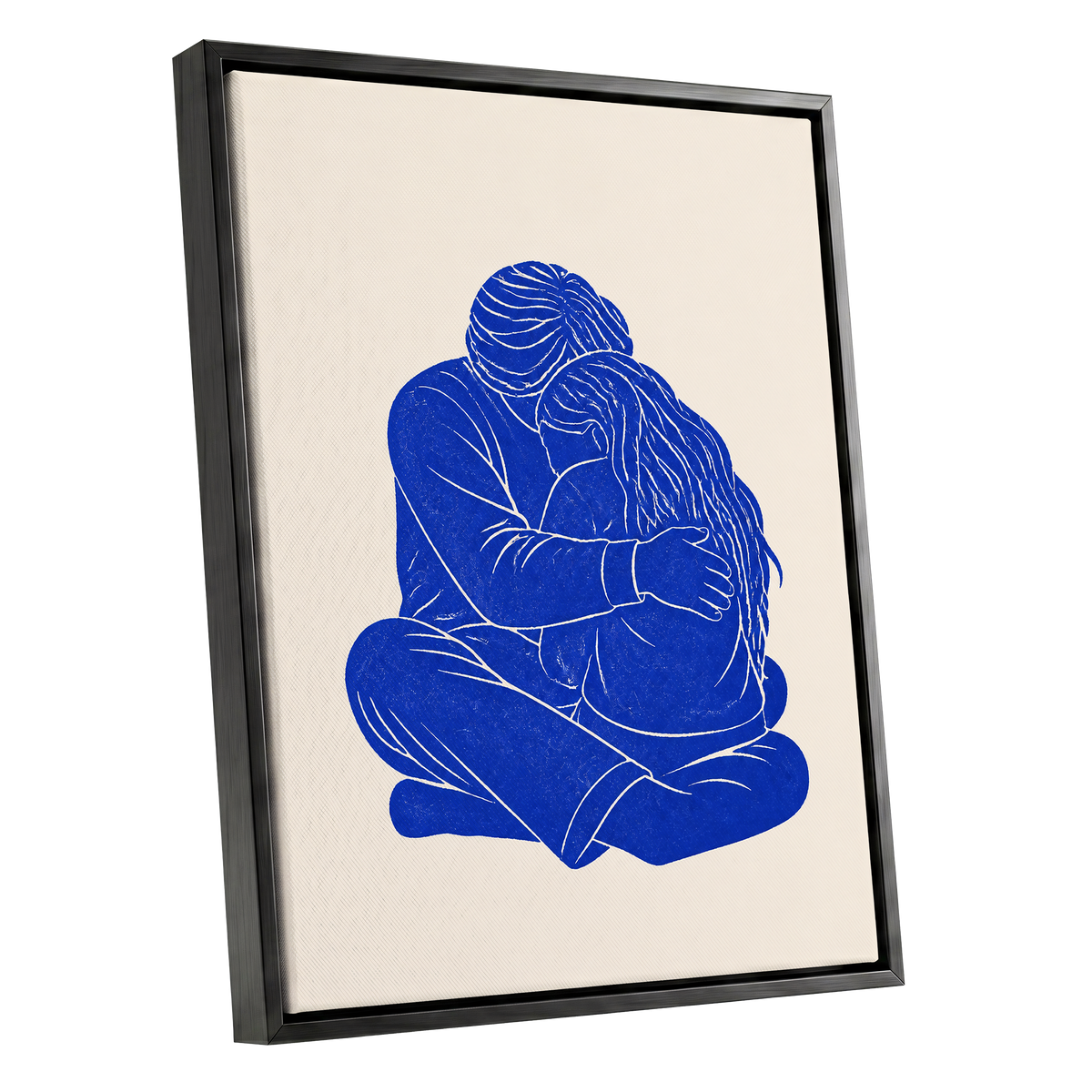 Held in Blue, blue, beige, white minimalist wall art shown as a black framed canvas wall art