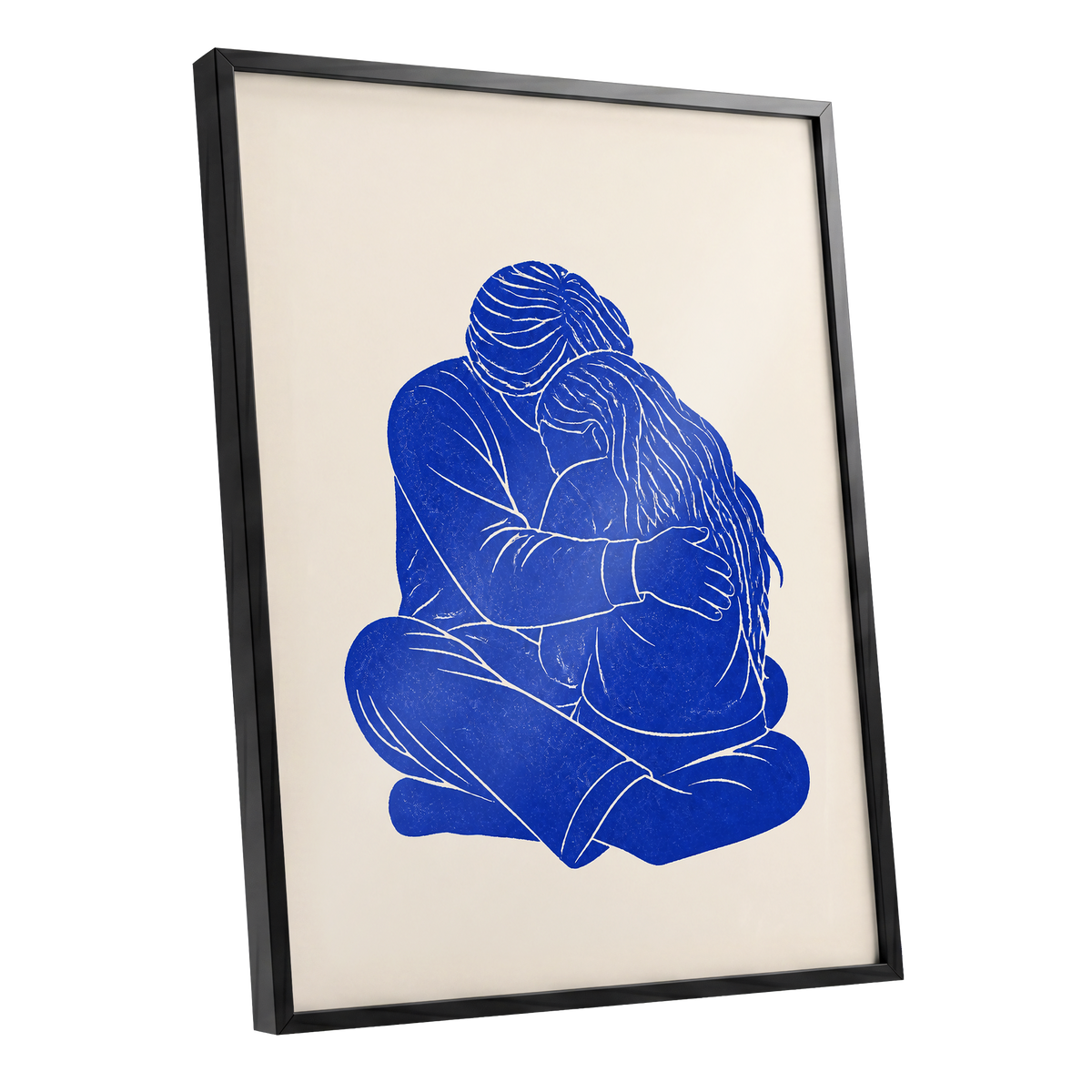 Held in Blue, blue, beige, white minimalist wall art shown as a black framed poster wall art print