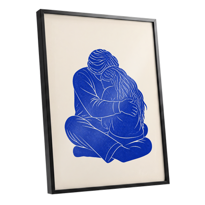 Held in Blue, blue, beige, white minimalist wall art shown as a black framed poster wall art print