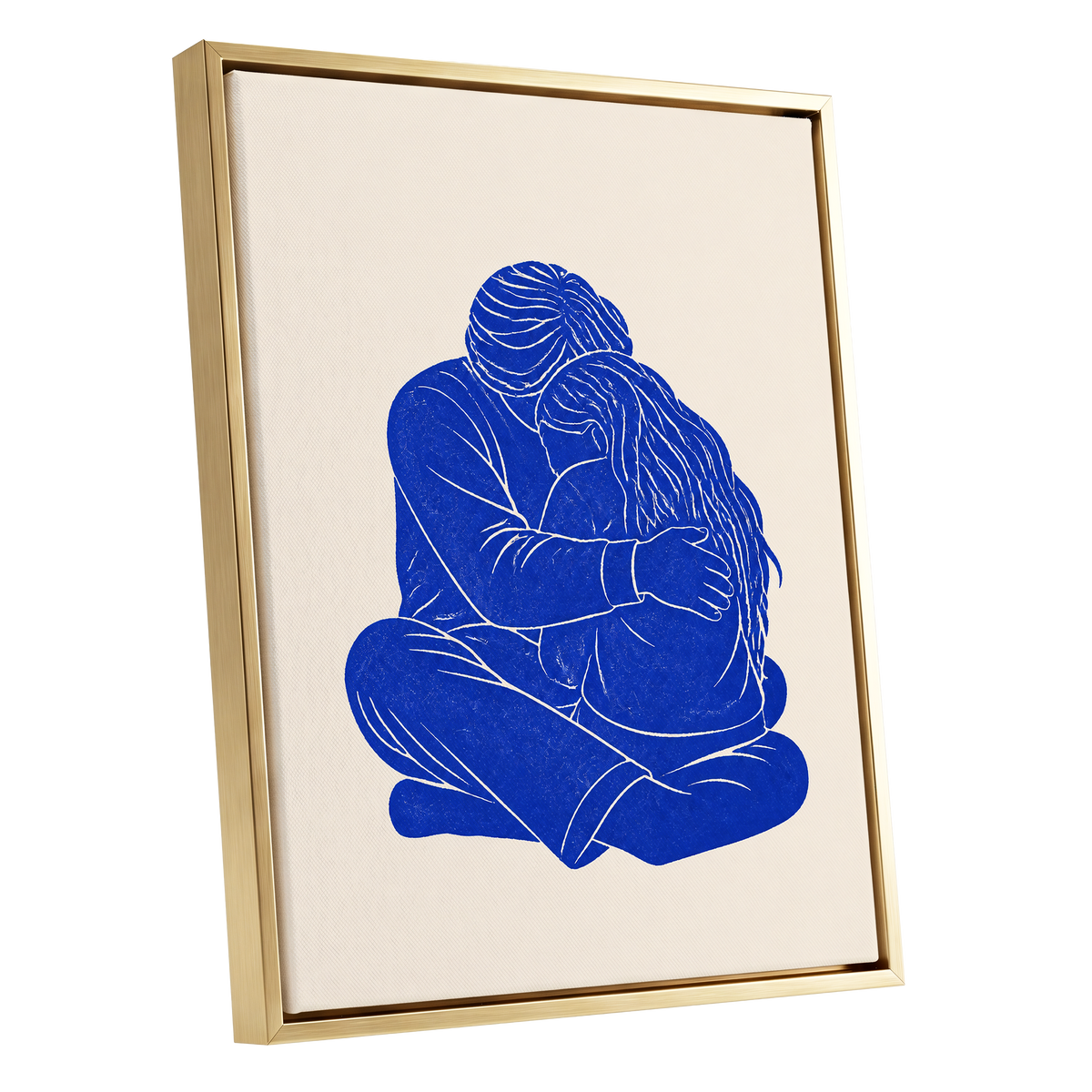Held in Blue, blue, beige, white minimalist wall art shown as a gold framed canvas wall art