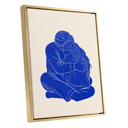 Held in Blue, blue, beige, white minimalist wall art shown as a gold framed canvas wall art