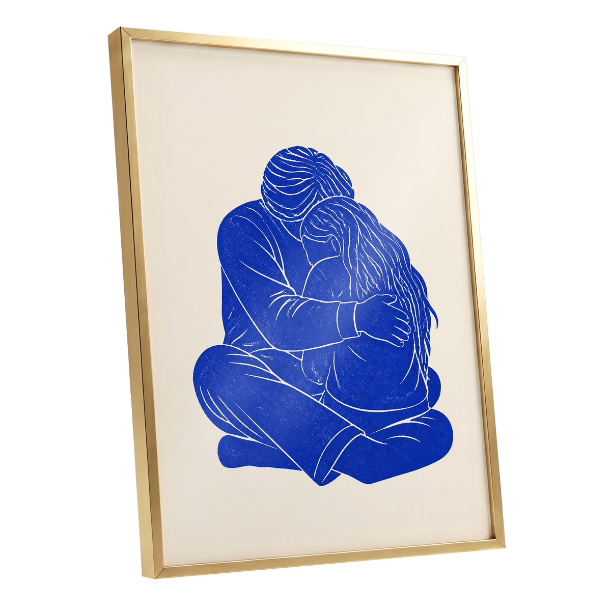 Held in Blue, blue, beige, white minimalist wall art shown as a gold framed poster wall art print