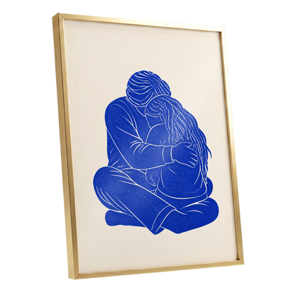 Held in Blue, blue, beige, white minimalist wall art shown as a gold framed poster wall art print