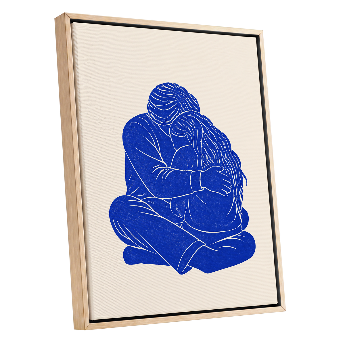 Held in Blue, blue, beige, white minimalist wall art shown as a oak framed canvas wall art