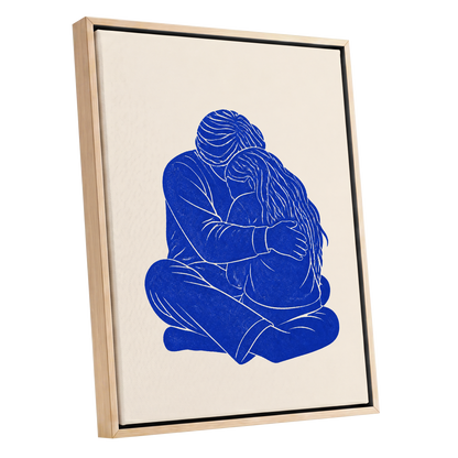 Held in Blue, blue, beige, white minimalist wall art shown as a oak framed canvas wall art