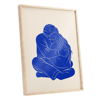 Held in Blue, blue, beige, white minimalist wall art shown as a oak framed poster wall art print