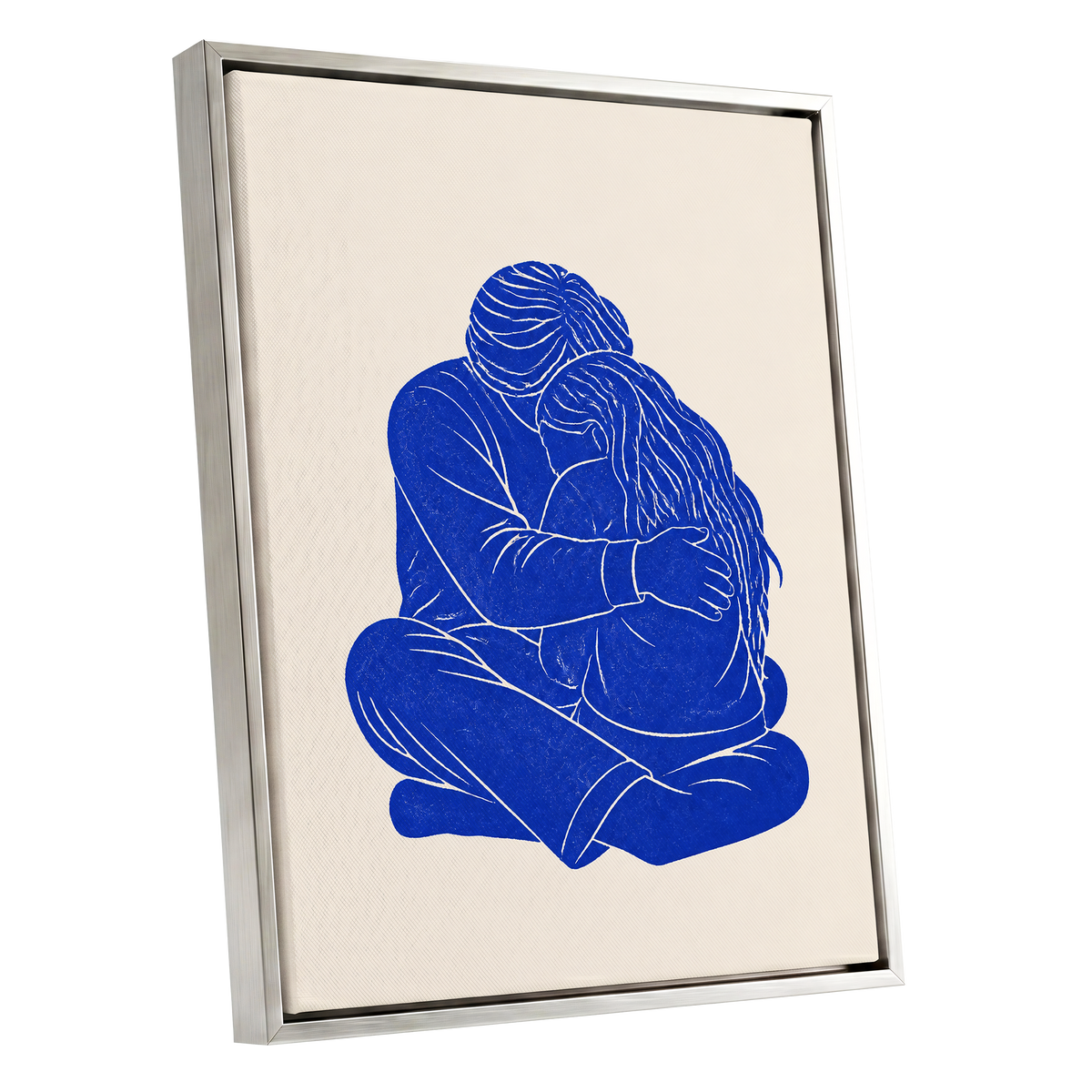 Held in Blue, blue, beige, white minimalist wall art shown as a silver framed canvas wall art