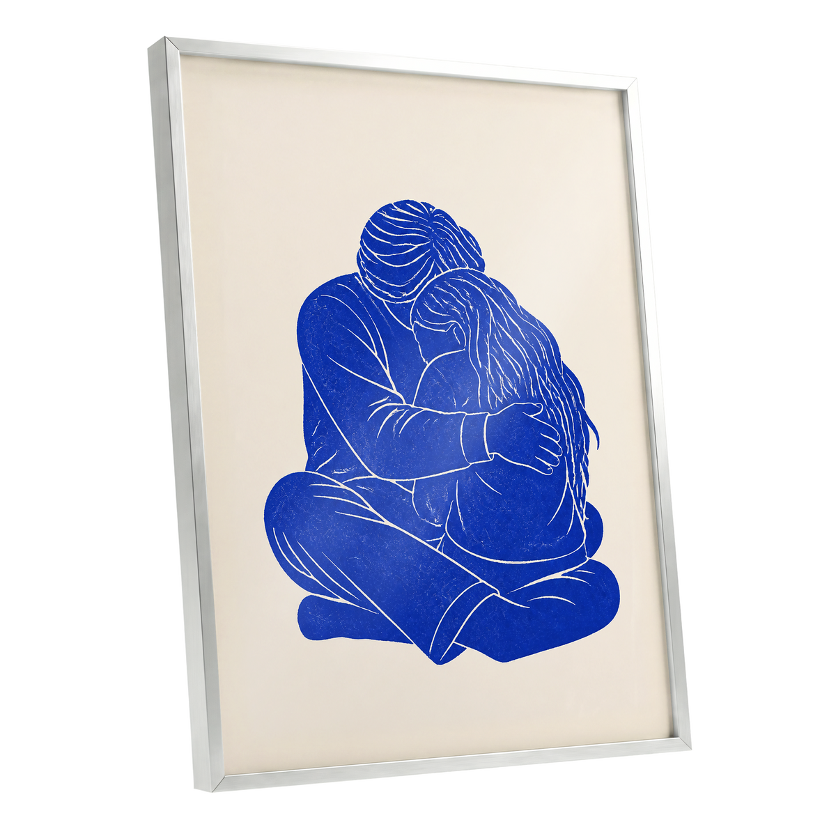 Held in Blue, blue, beige, white minimalist wall art shown as a silver framed poster wall art print