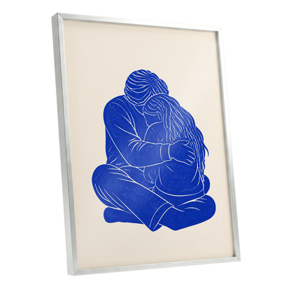 Held in Blue, blue, beige, white minimalist wall art shown as a silver framed poster wall art print