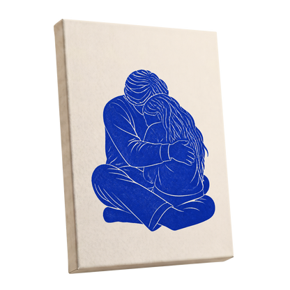 Held in Blue, blue, beige, white minimalist wall art shown as a stretched canvas wall art