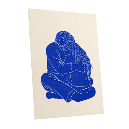 Held in Blue, blue, beige, white minimalist wall art shown as a unframed poster wall art print