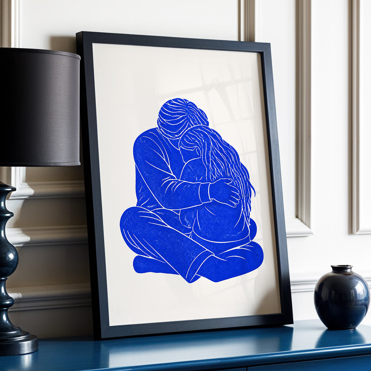 Held in Blue, blue, beige, white minimalist wall art displayed in a styled interior, gallery view 6