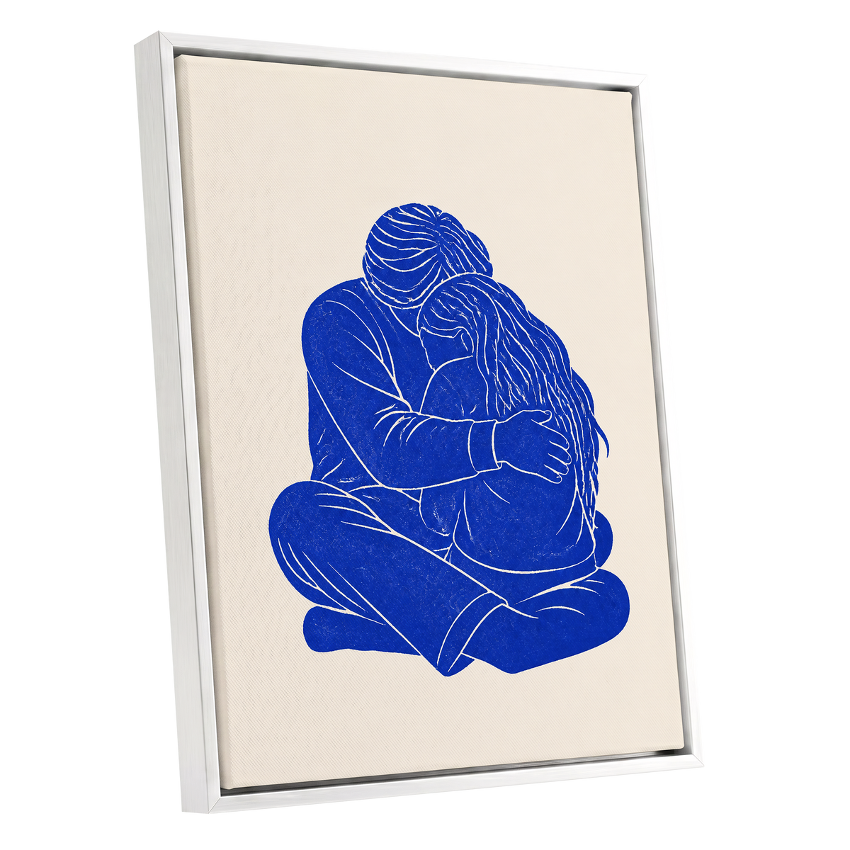 Held in Blue, blue, beige, white minimalist wall art shown as a white framed canvas wall art