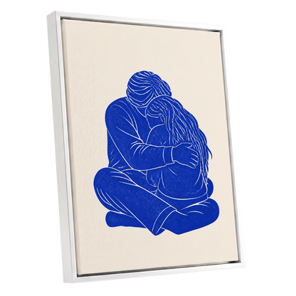 Held in Blue, blue, beige, white minimalist wall art shown as a white framed canvas wall art