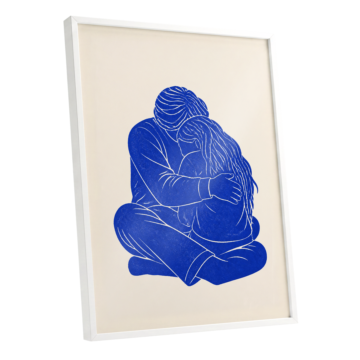 Held in Blue, blue, beige, white minimalist wall art shown as a white framed poster wall art print