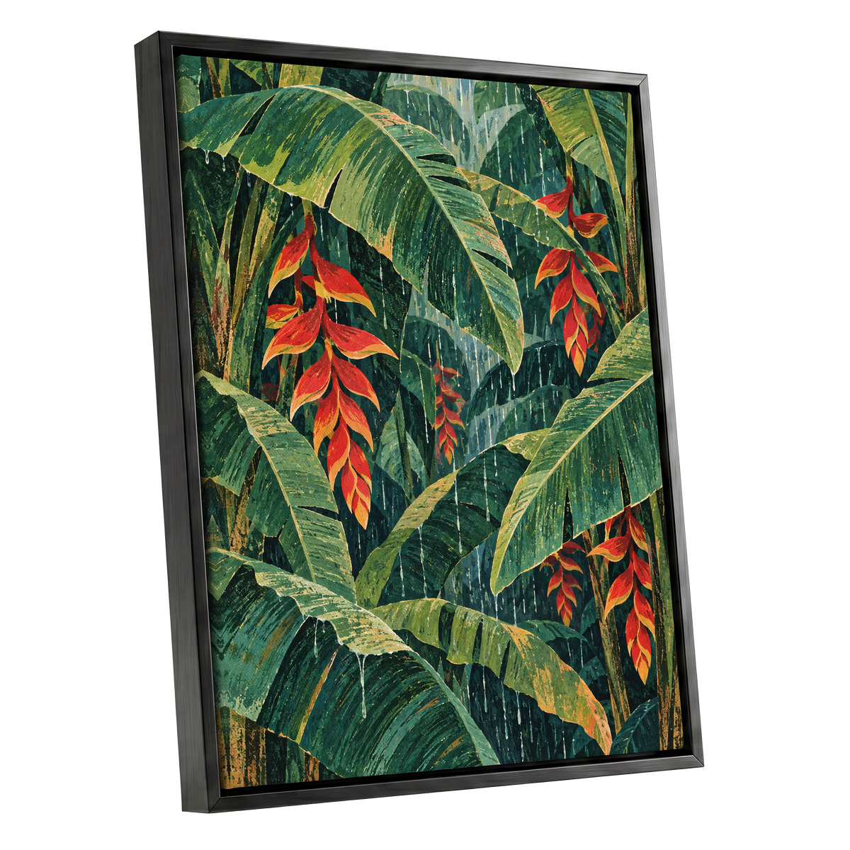 Heliconia Rain, green, red, orange floral wall art shown as a black framed canvas wall art
