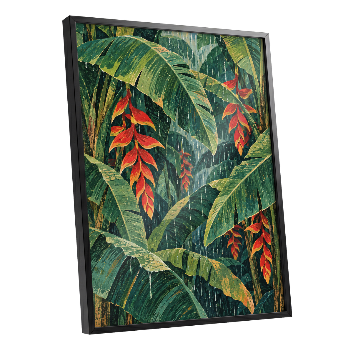 Heliconia Rain, green, red, orange floral wall art shown as a black framed poster wall art print
