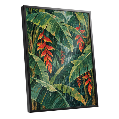 Heliconia Rain, green, red, orange floral wall art shown as a black framed poster wall art print