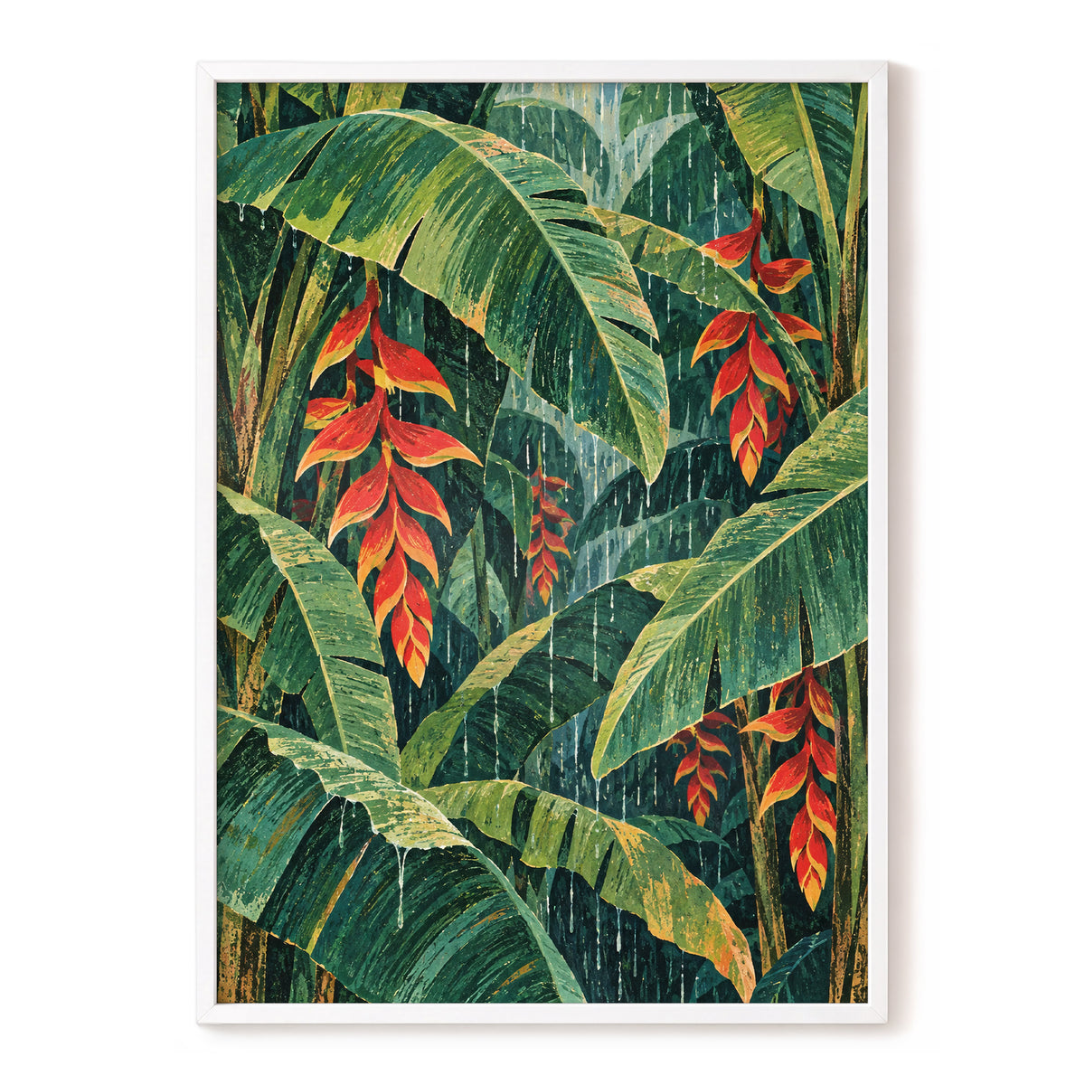 Heliconia Rain, green, red, orange floral wall art, front artwork view