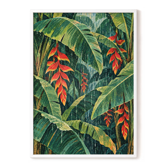 Heliconia Rain, green, red, orange floral wall art, front artwork view