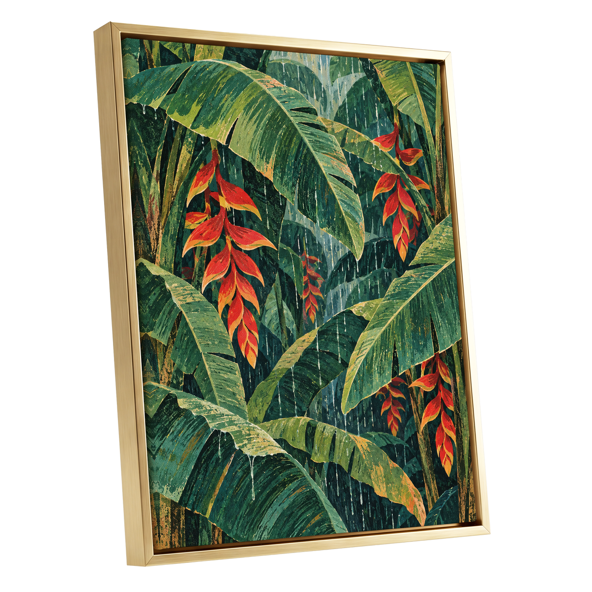 Heliconia Rain, green, red, orange floral wall art shown as a gold framed canvas wall art