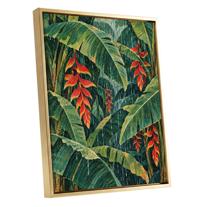 Heliconia Rain, green, red, orange floral wall art shown as a gold framed canvas wall art
