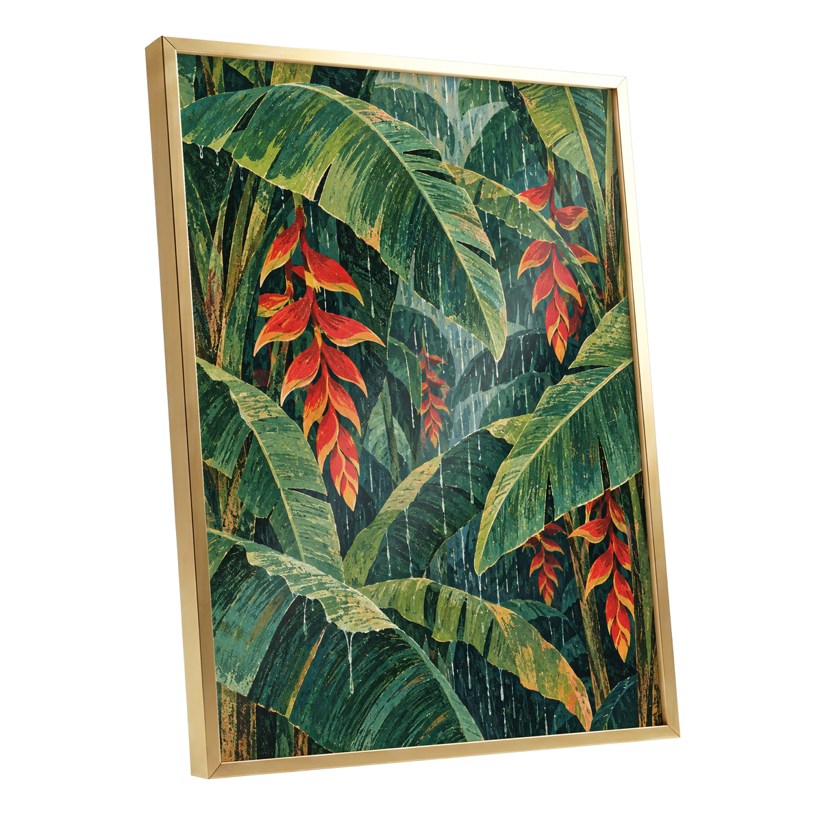 Heliconia Rain, green, red, orange floral wall art shown as a gold framed poster wall art print